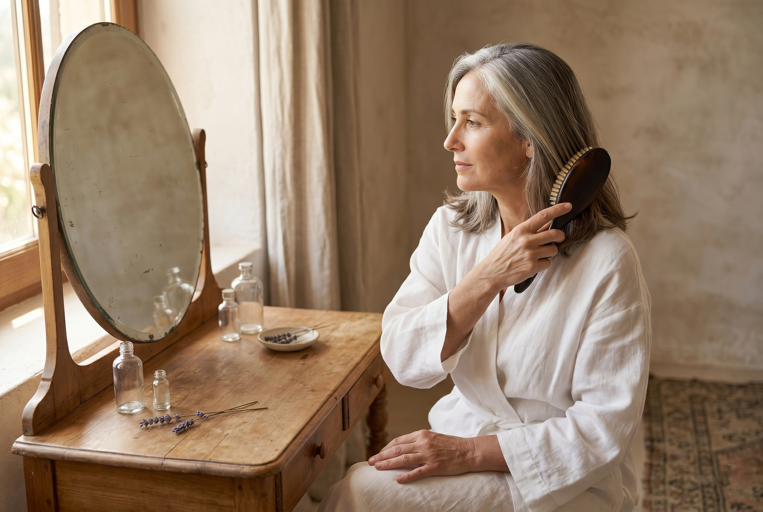 Mujer en menopausia cepilla cabello con canas naturales: cuidado en colágeno y menopausia