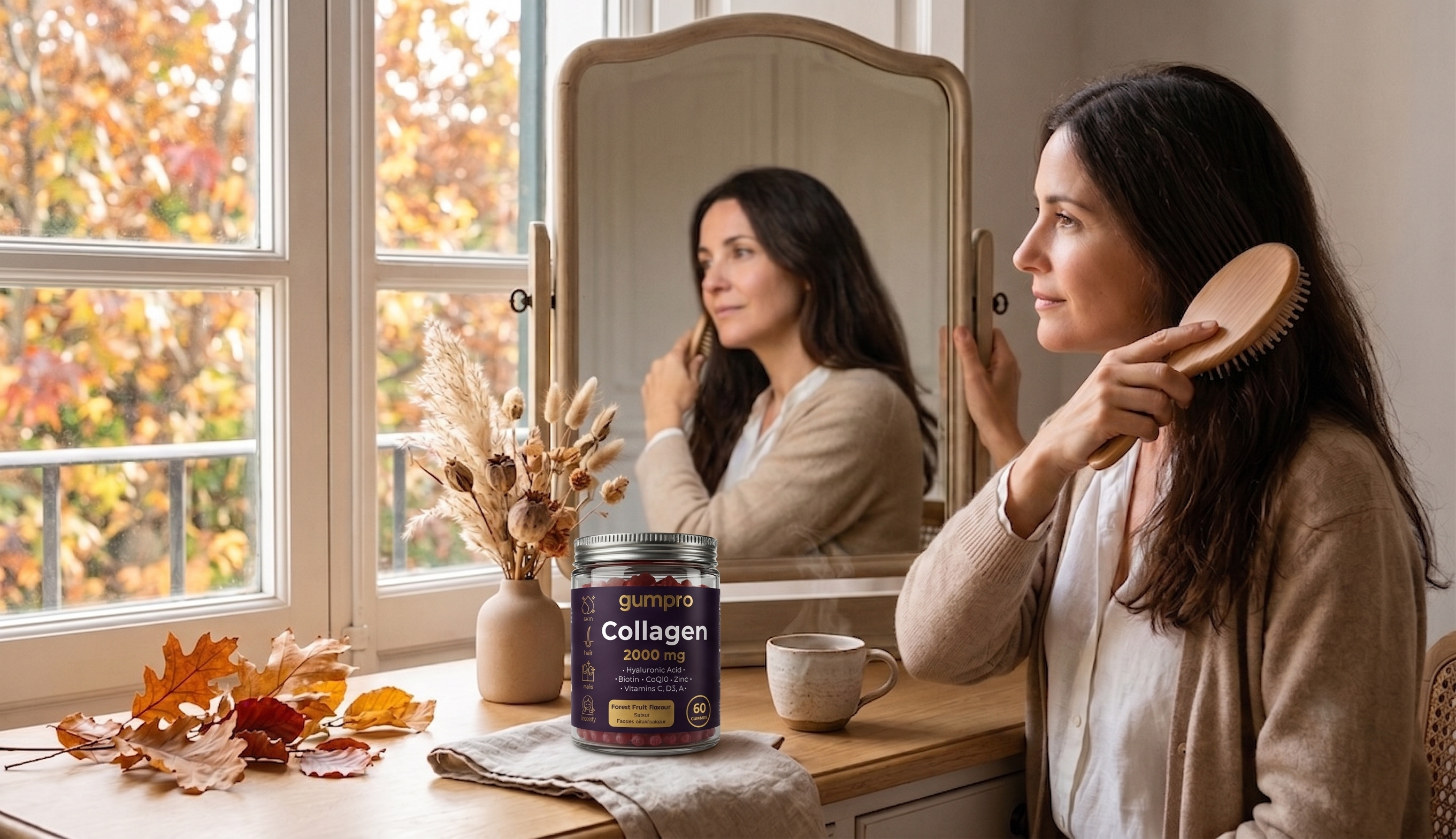 Mujer cepillándose el pelo en mañana otoñal con suplementos para la caída de pelo en otoño Gumpro sobre tocador