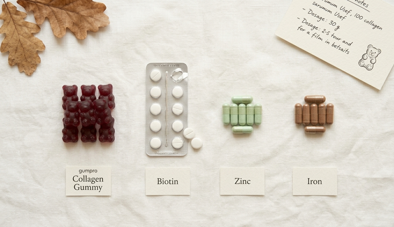 Cuatro suplementos para caída de pelo en otoño: biotina, colágeno, zinc y hierro alineados sobre lino blanco editorial