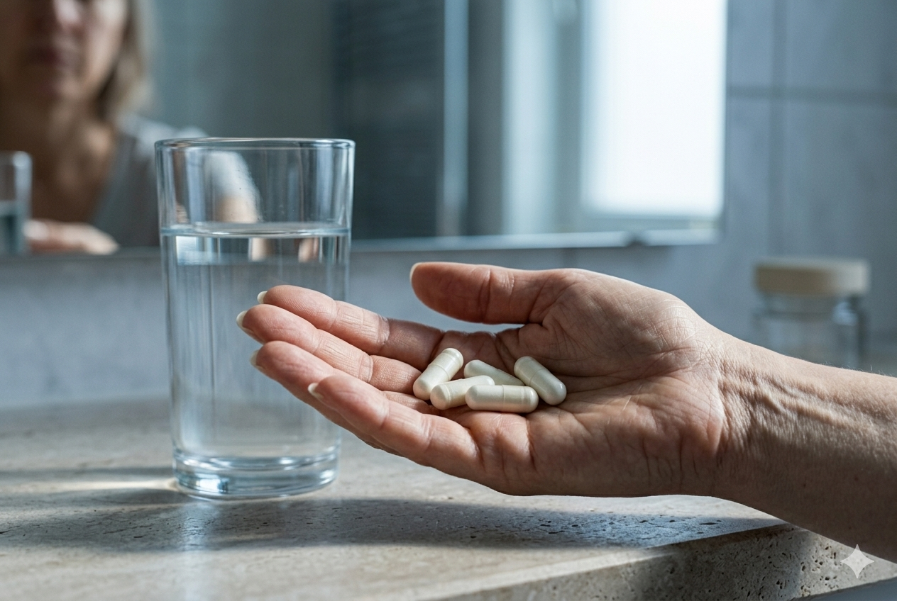 Colágeno: cápsulas vs gominolas — cuál funciona mejor de verdad 3 Cápsulas de colágeno grandes (pastillas de caballo) junto a vaso de agua: fricción real de la rutina diaria