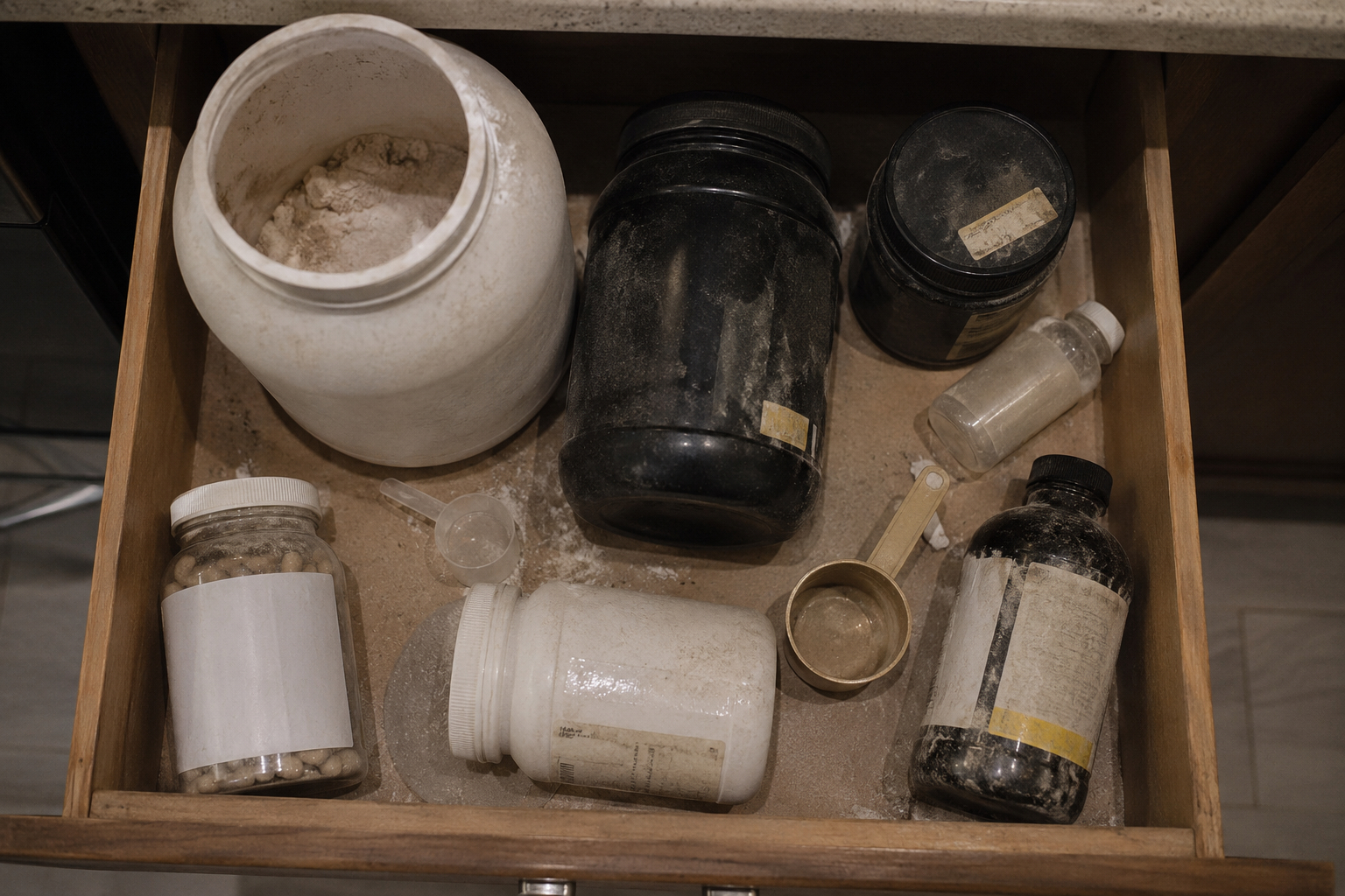 Colágeno en gominolas: por qué el formato decide si funciona (no la marca) 2 Cementerio de suplementos: botes de colágeno en gominolas y cápsulas acumulados sin terminar en un cajón de cocina