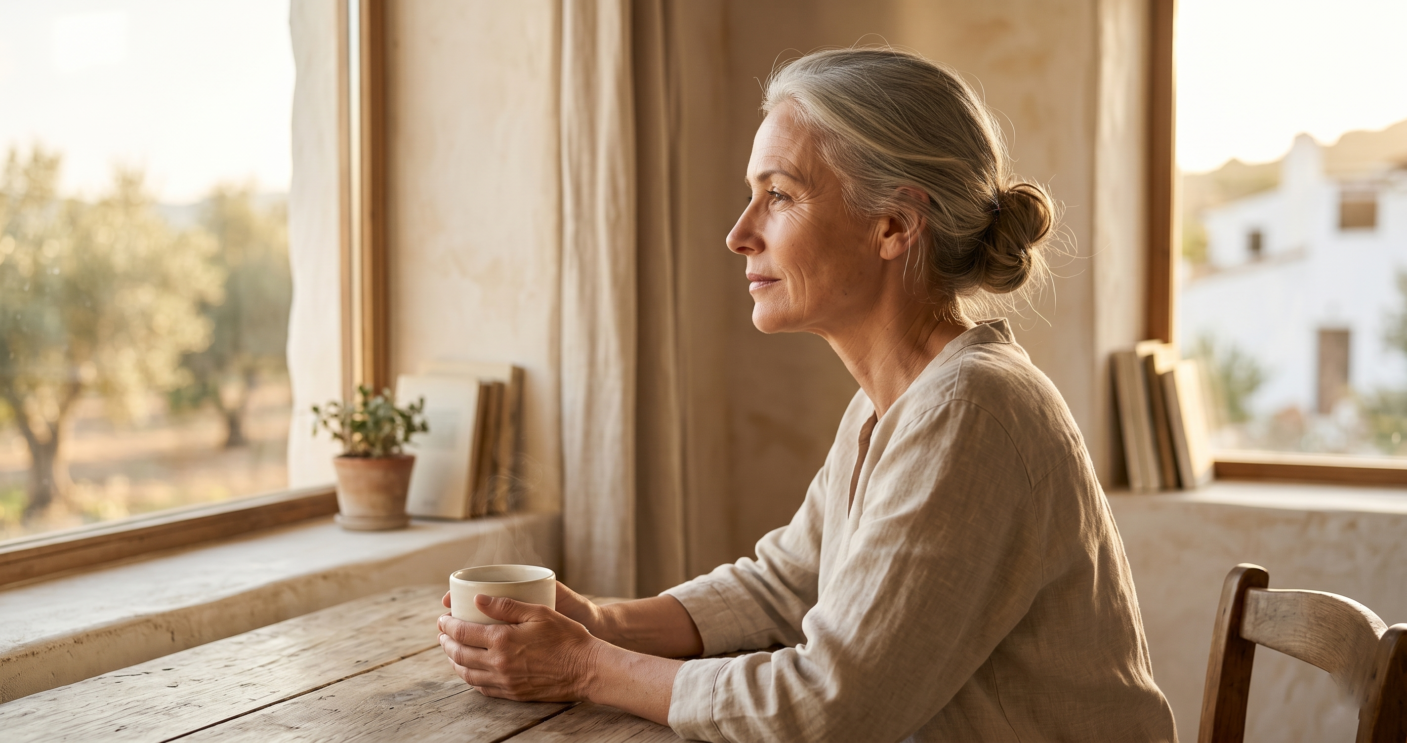 Mujer de 50 años en cocina luminosa tomando colágeno