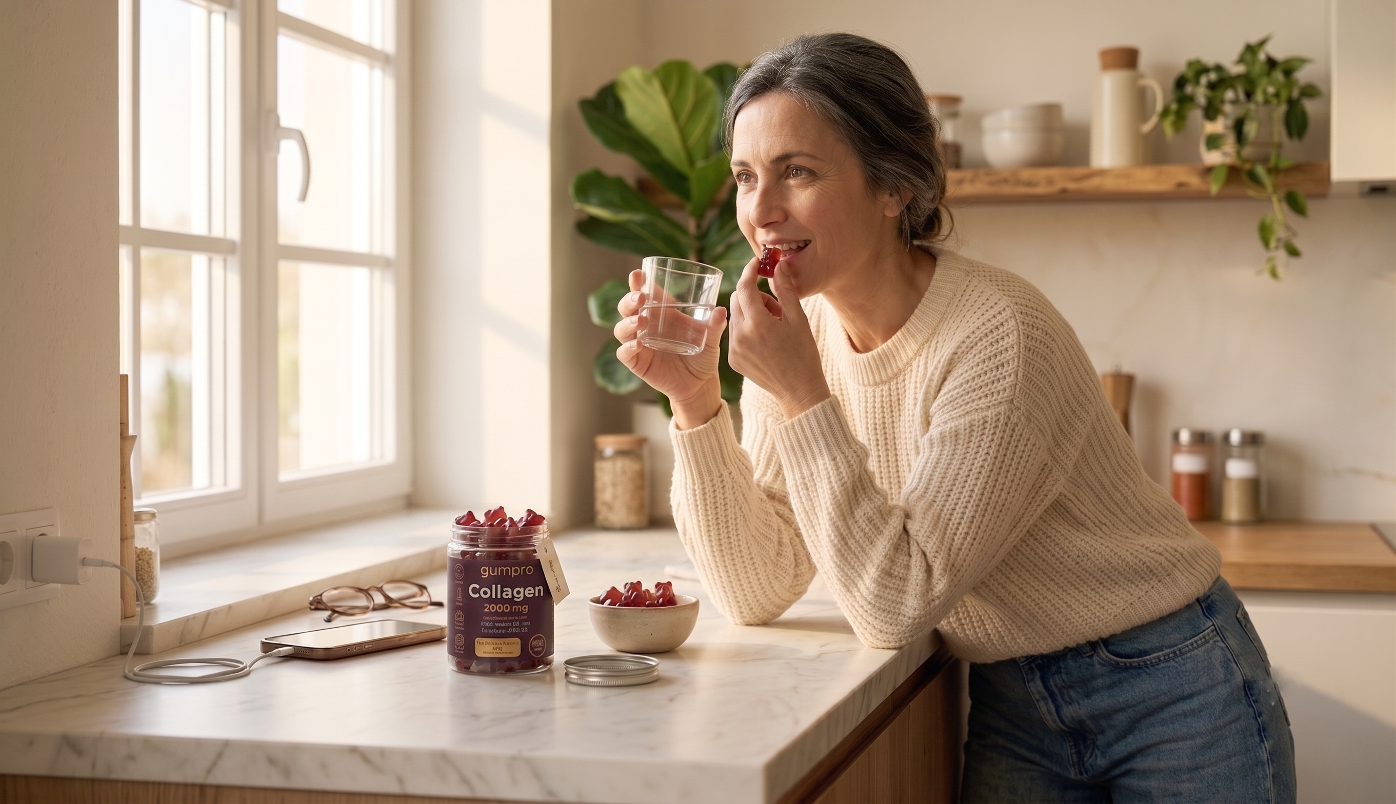 Mujer adulta tomando una gominola de colágeno con vaso de agua en cocina luminosa