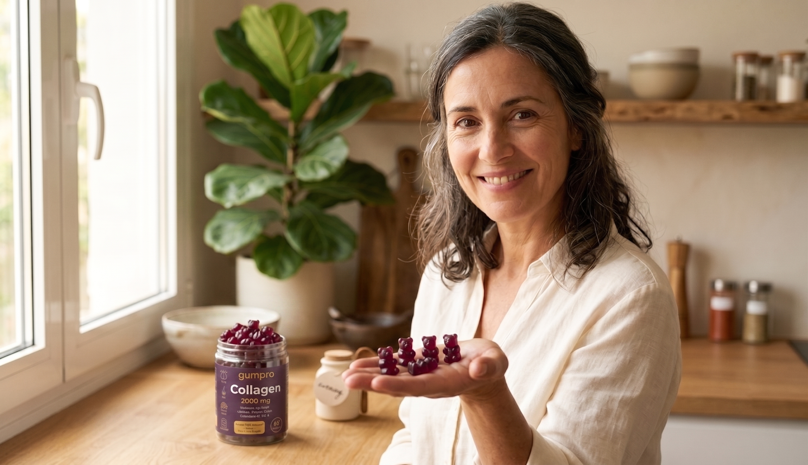 Mujer madura en cocina luminosa tomando dosis funcional de gominolas colágeno Gumpro perimenopausia