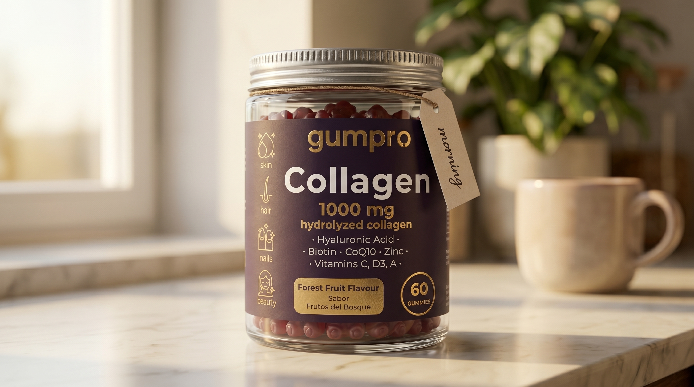 Etiqueta de bote de colágeno Gumpro con dosis funcional 1000 mg resaltada en primer plano