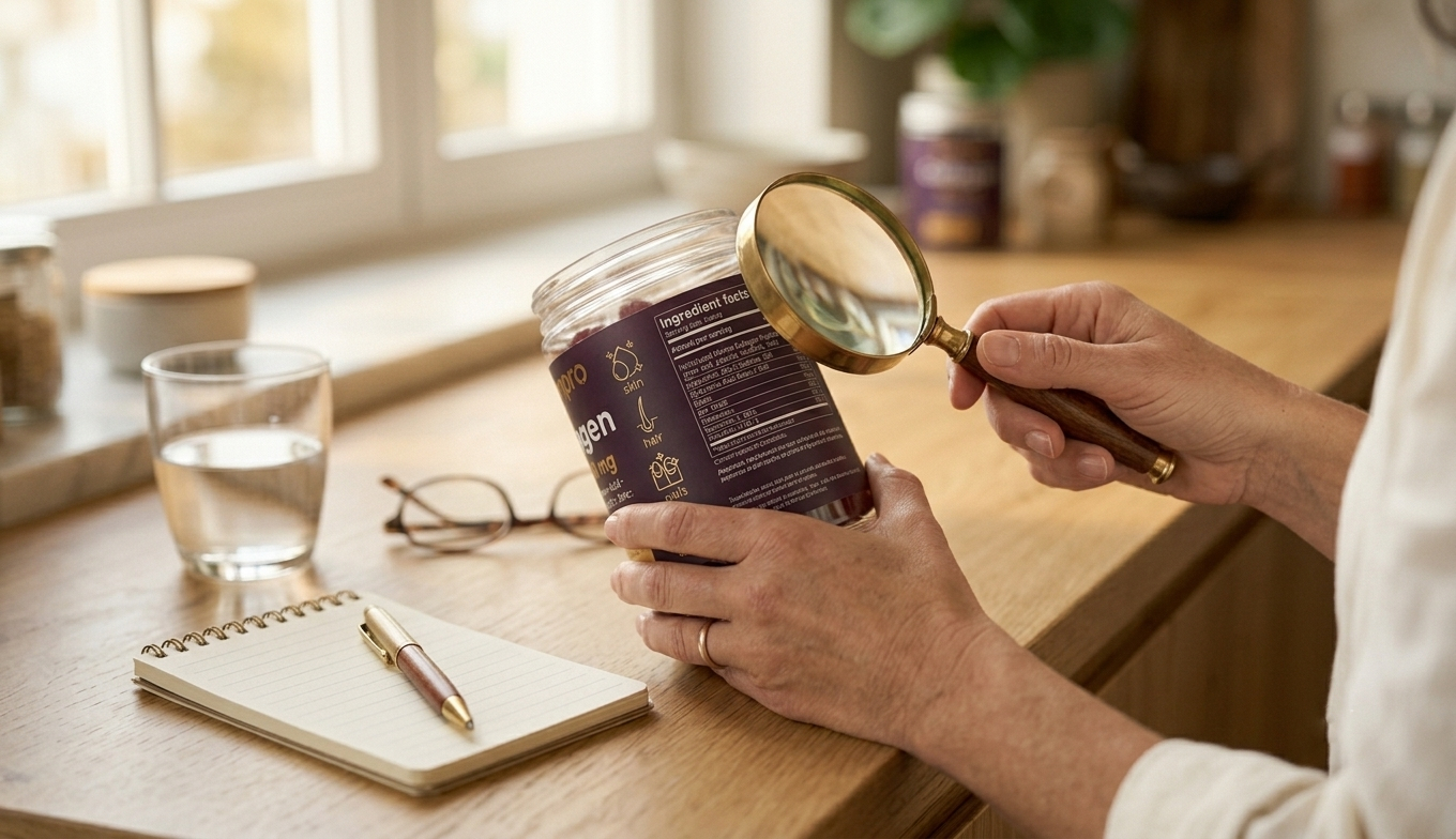 Mujer leyendo etiqueta de suplemento de colágeno con lupa identificando ingredientes secundarios