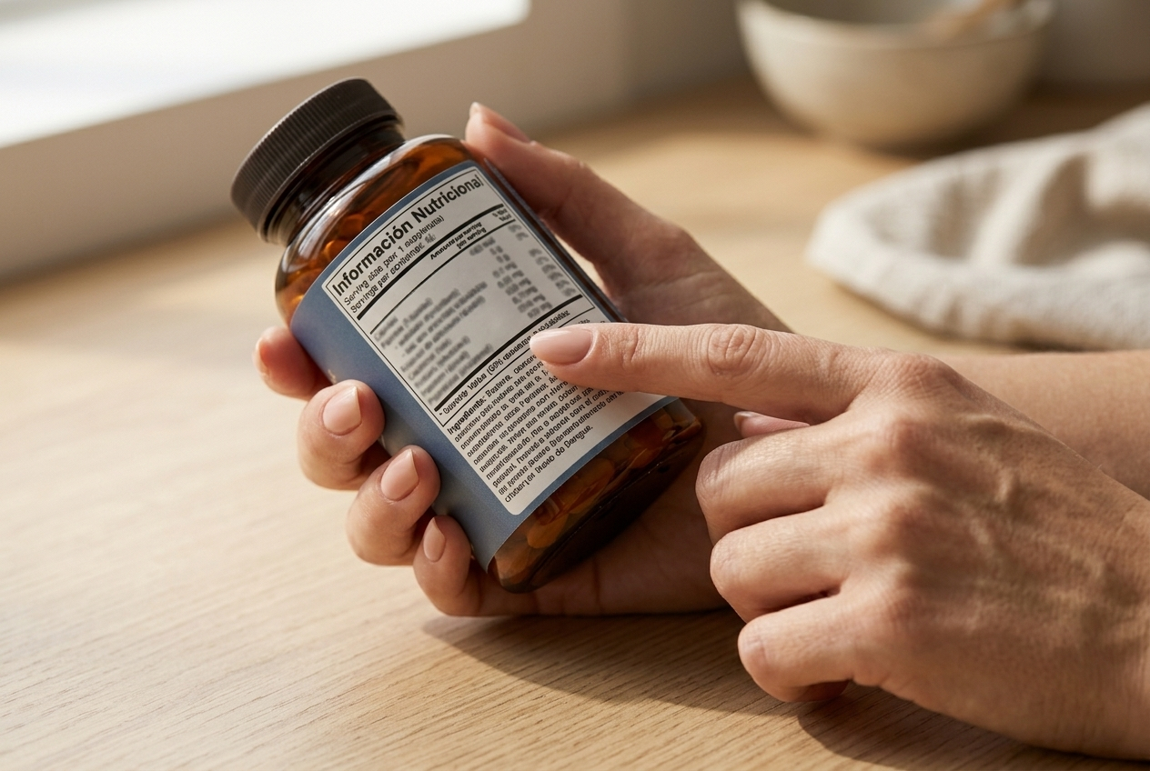 Manos revisan etiqueta nutricional de suplemento: cómo elegir suplemento de colágeno por composición
