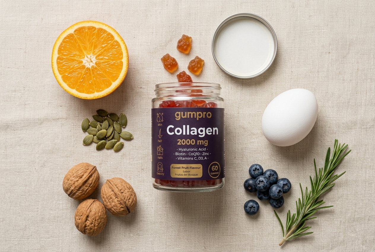 Formula completa Gumpro Collagen: biotina como cofactor junto a colágeno hidrolizado, vitamina C, zinc, vitamina D3