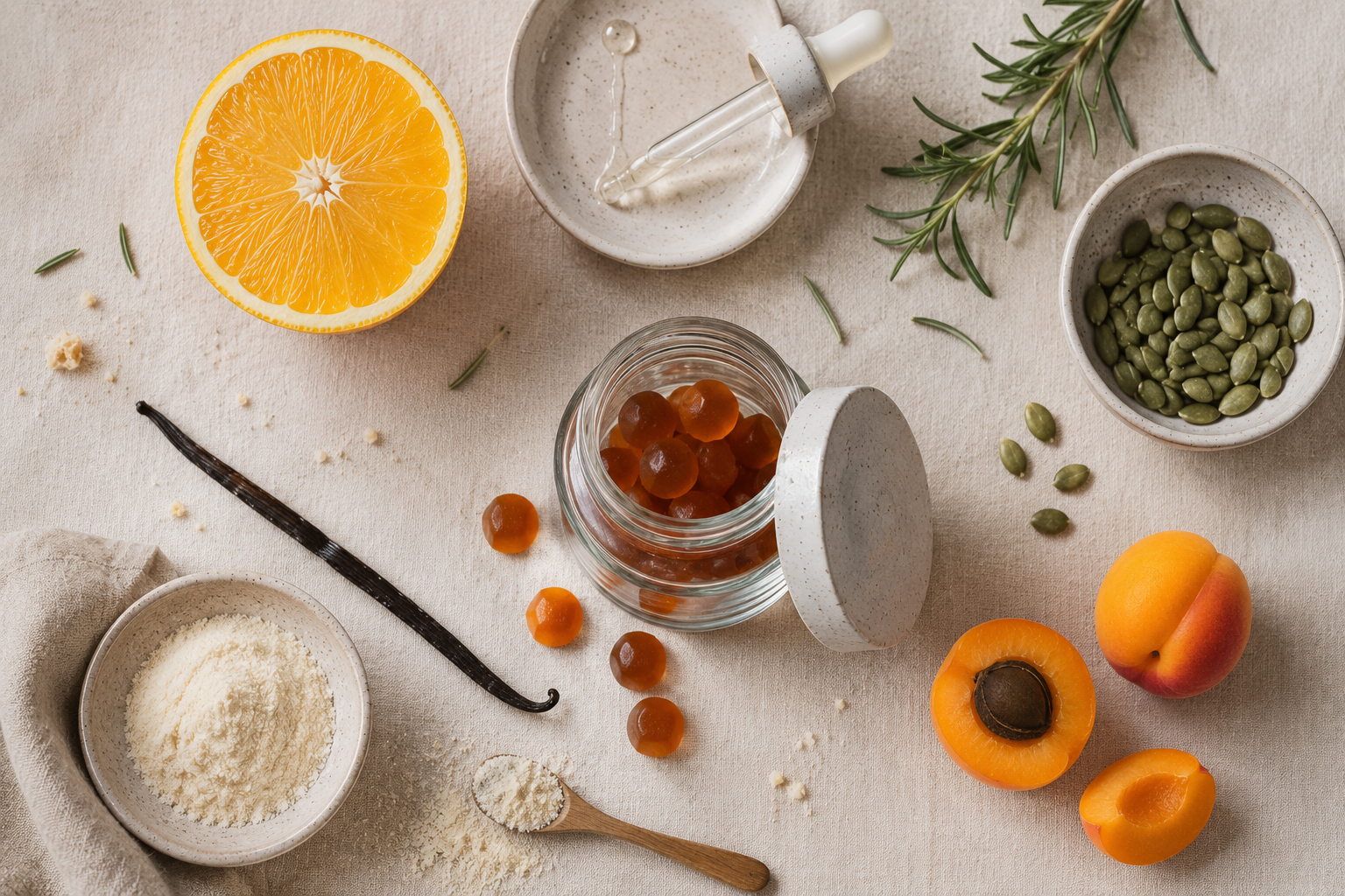 Colágeno en gominolas: por qué el formato decide si funciona (no la marca) 4 Ingredientes Gumpro Collagen flat lay: péptidos hidrolizados Type I y III, vitamina C, zinc, biotina, ácido hialurónico