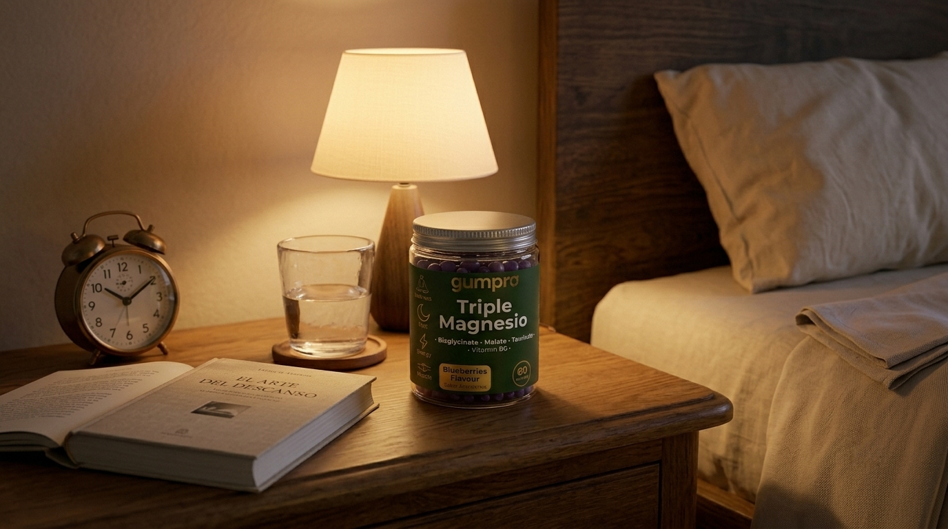 Magnesio, menopausia e insomnio: la forma y dosis que sí funciona (no el óxido del supermercado) 2 Magnesio menopausia insomnio: bote Gumpro Triple Magnesio en mesita de noche con lámpara cálida y libro en mujer 50 años