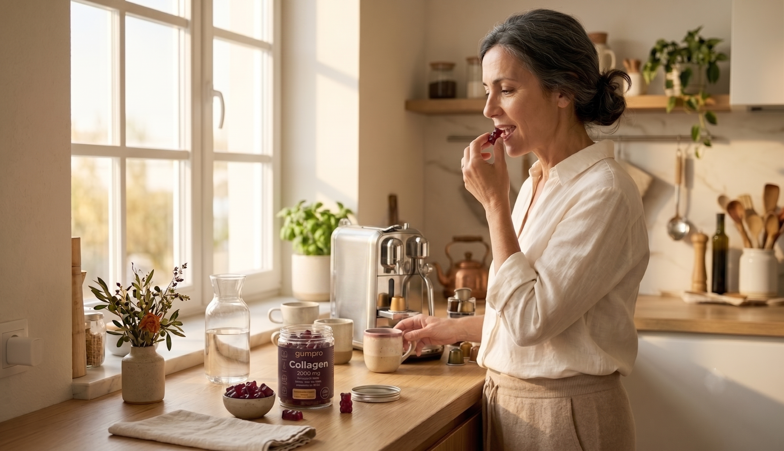 Suplementos menopausia naturales: lo que funciona, lo que no y por qué casi nadie te lo cuenta bien 4 Mujer de unos 50 años en su cocina por la mañana tomando rutina diaria de suplementos en gominolas