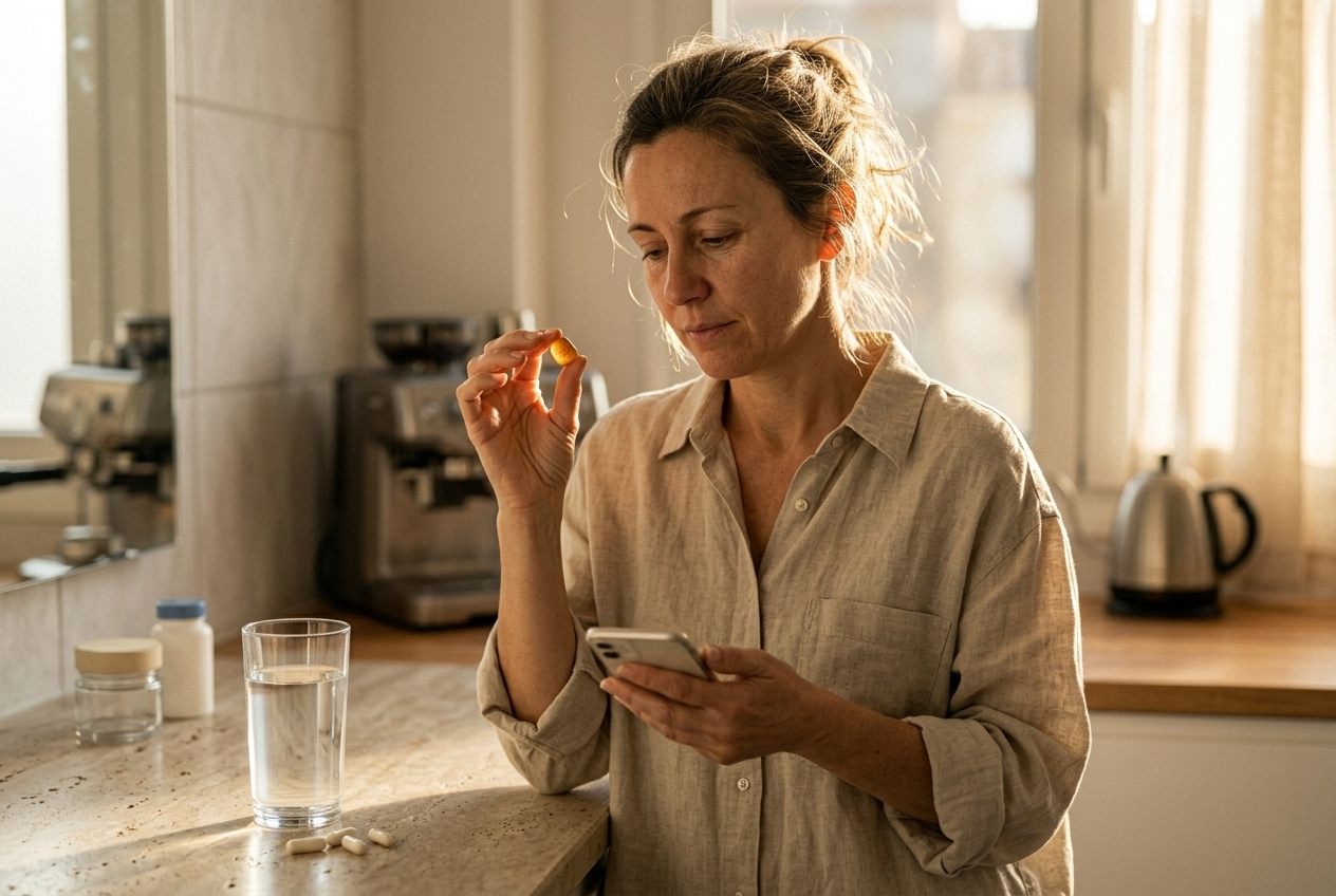 Colágeno: cápsulas vs gominolas — cuál funciona mejor de verdad 4 Mujer toma colágeno en gominola relajada en cocina, formato sin agua ni shaker