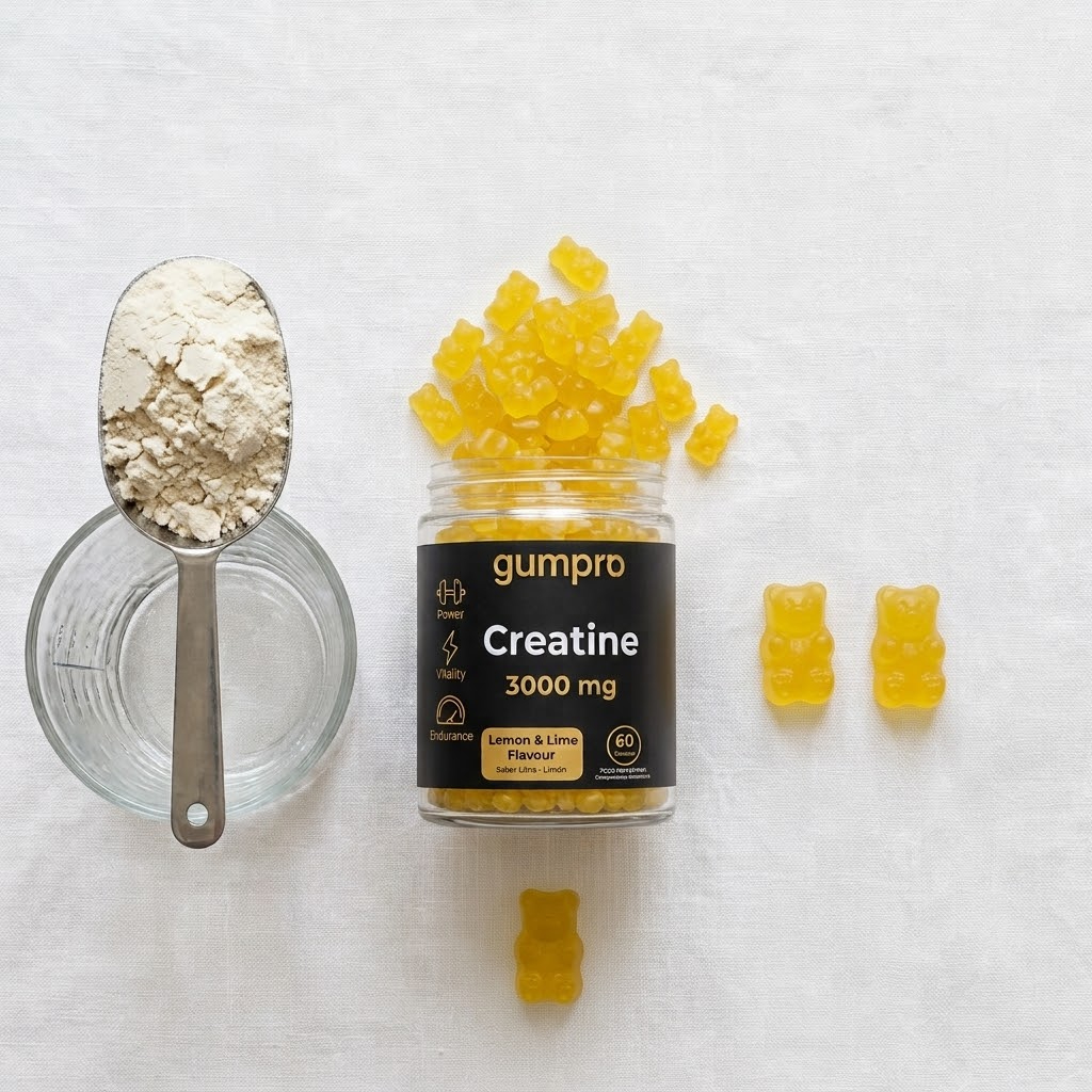Dosis de creatina para mujeres: gominolas de creatina monohidrato Gumpro comparadas con cucharada de polvo