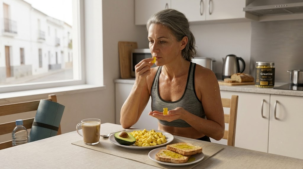 Mujer de 55 años en rutina de entrenamiento de fuerza con creatina y suplementación en menopausia