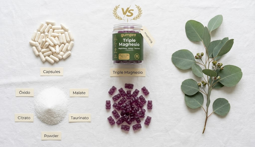 Tipos de magnesio bisglicinato malato y taurato comparados en flat lay con etiquetas de cada forma química