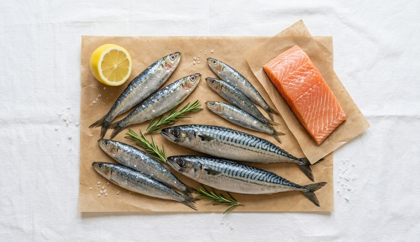 Fuentes alimentarias de EPA y DHA: pescado azul, sardinas, salmón y caballa sobre mármol