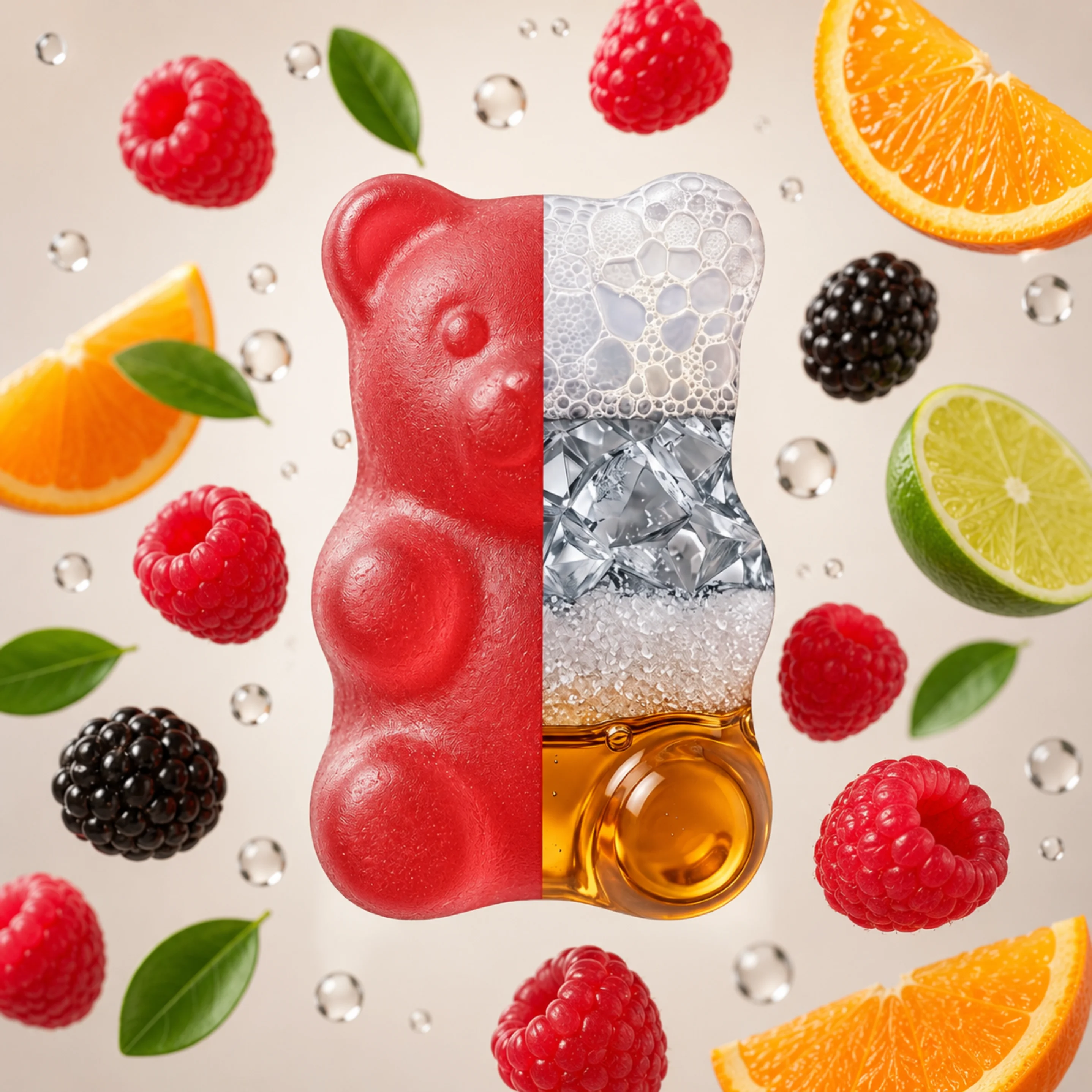 Dos gummies en mano con bote desenfocado